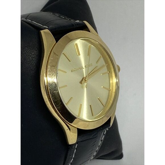 Michael Kors MK3221 Women's Black Leather Analog Gold Dial Quartz Watch JK121 - Picture 5 of 12